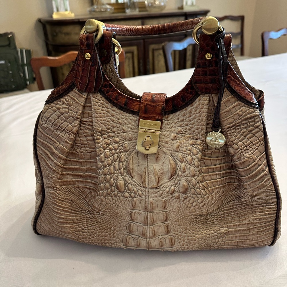Brahmin Taupe & Brown Croc-Embossed Leather Shoulder Bag